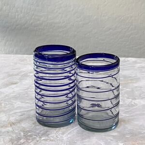 Mexican Hand Blown Drinking Glasses Set of 2 Cobalt Blue Spiral Thick Rim